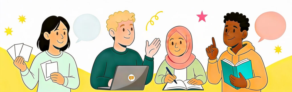 Gruppe von 4 Deutschlernenden mit Buch, Laptop, Lernkarten und Heft